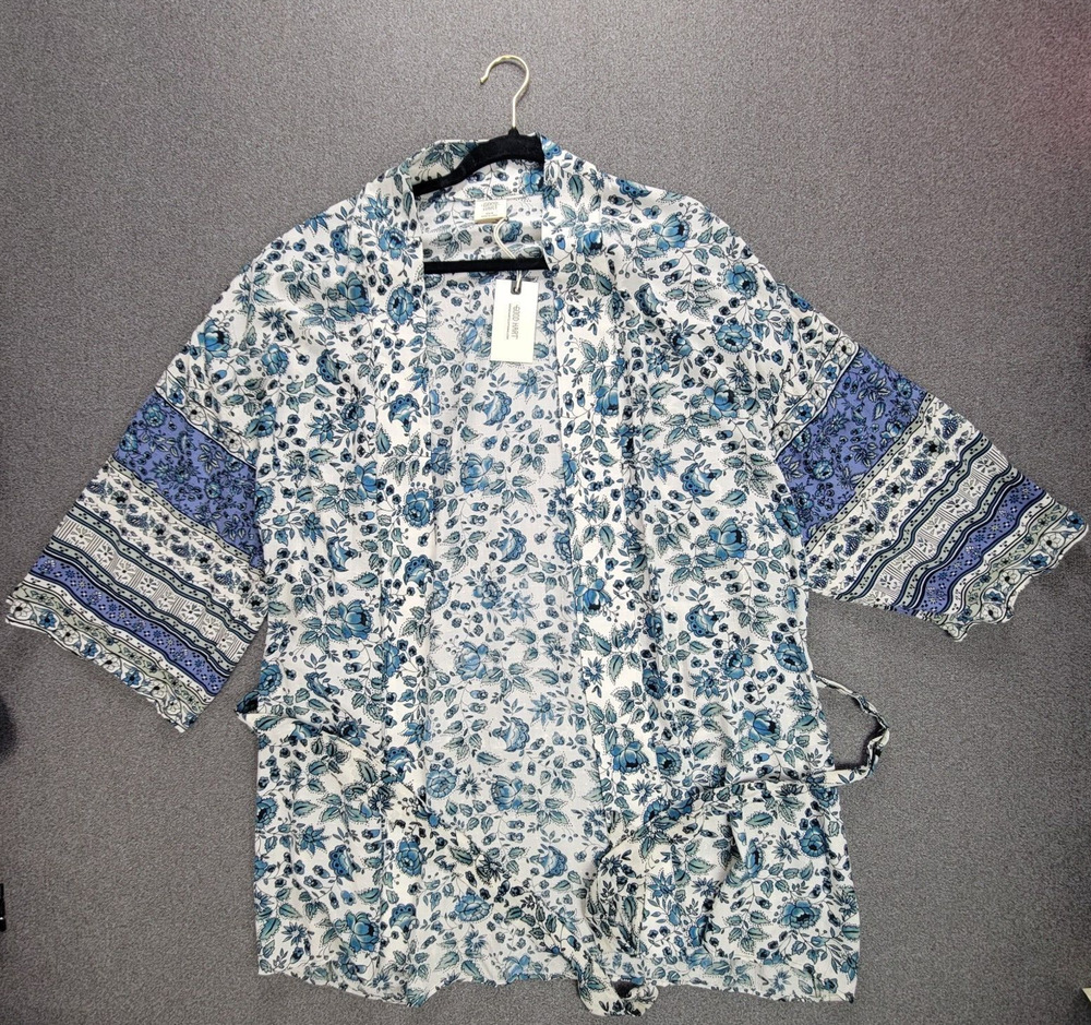 Good Hart Duster Womens XS S Ivory Blue Floral Kimono Cardigan Beachy